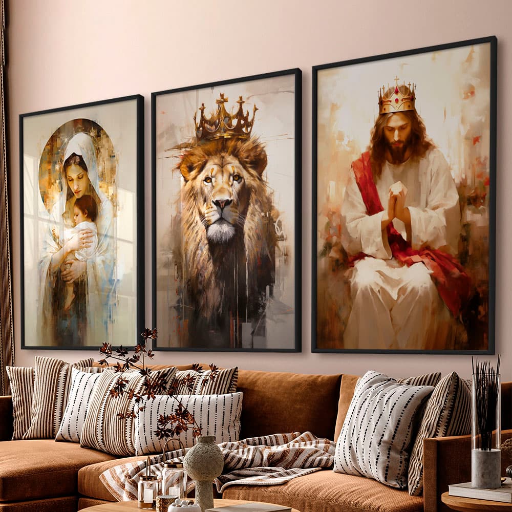 Kit Quadros Decorativos Maria, Jesus e o Leão de Judá