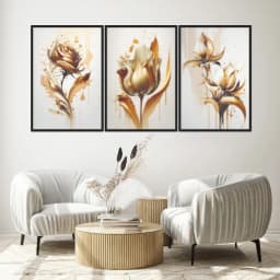 Kit Quadros Decorativos Planta Dourada