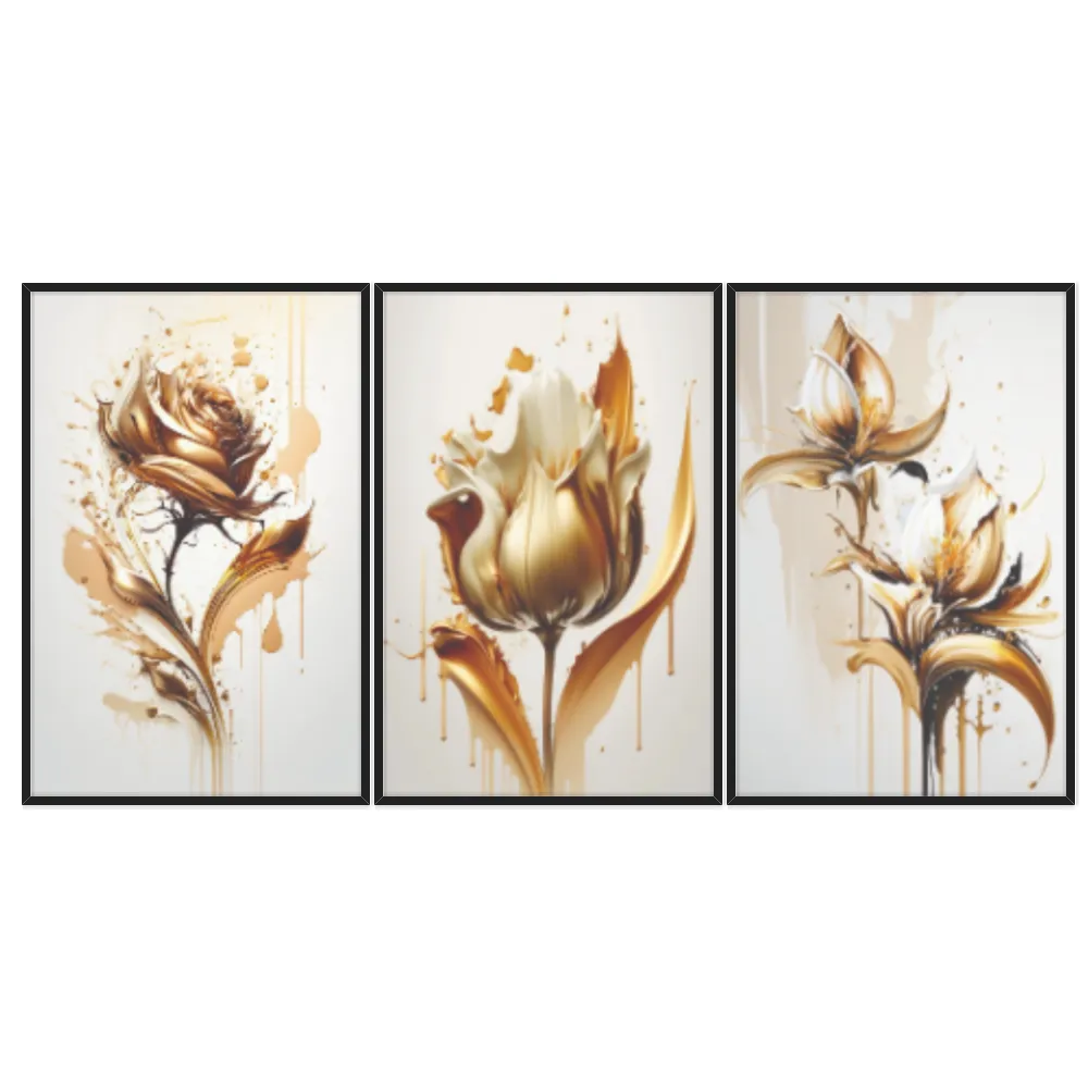 Kit Quadros Decorativos Planta Dourada