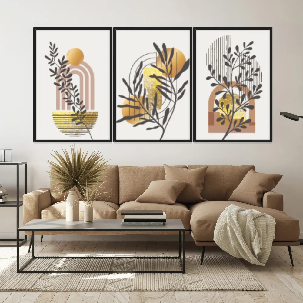 Kit Quadros Decorativos Planta Abstrata Dourada