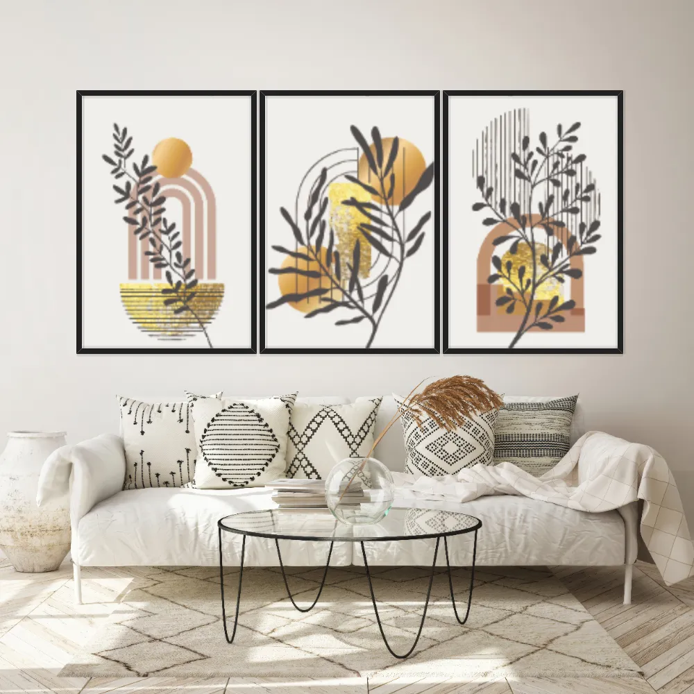 Kit Quadros Decorativos Planta Abstrata Dourada