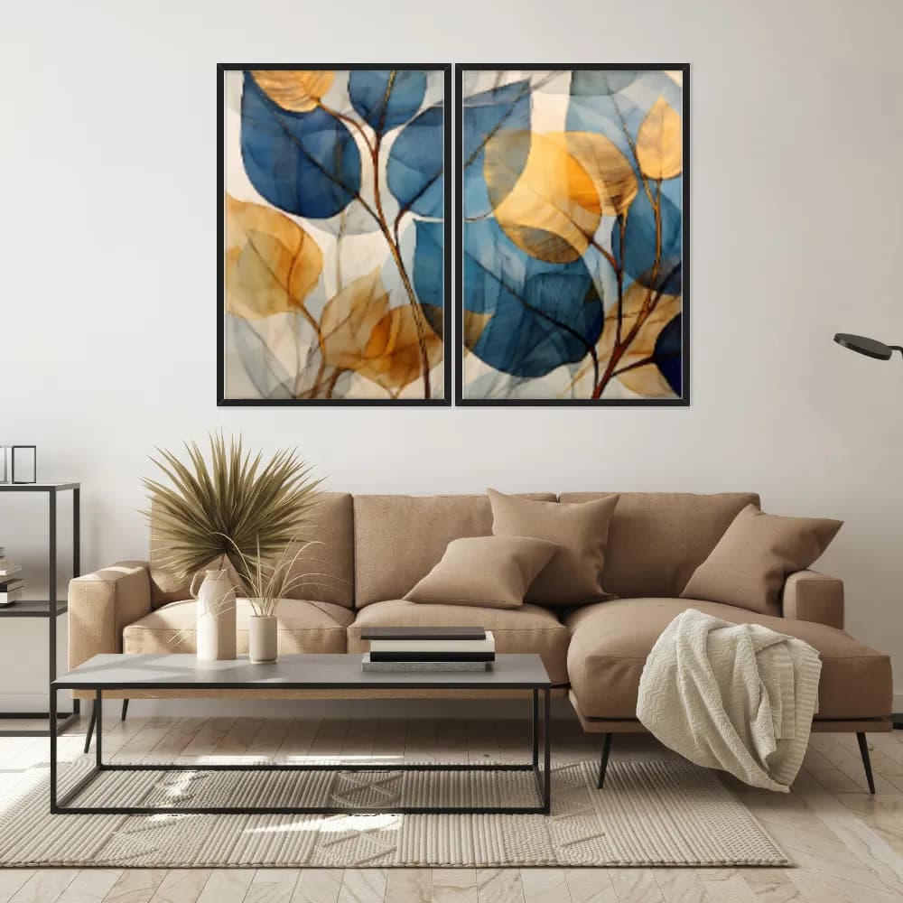 Kit Quadros Decorativos Folhas Amarelo E Azul