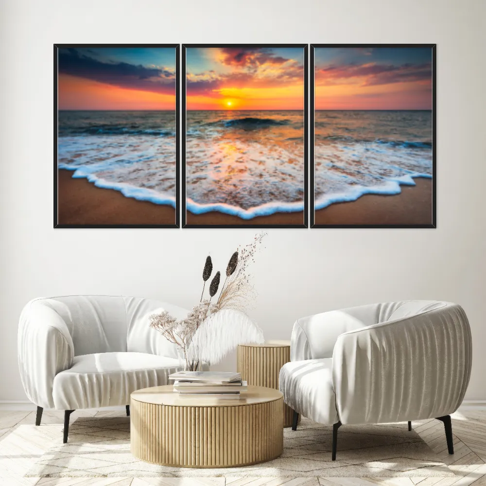 Kit Quadros Decorativos Mar Com Pôr Do Sol