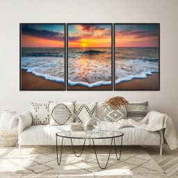 Kit Quadros Decorativos Mar Com Pôr Do Sol