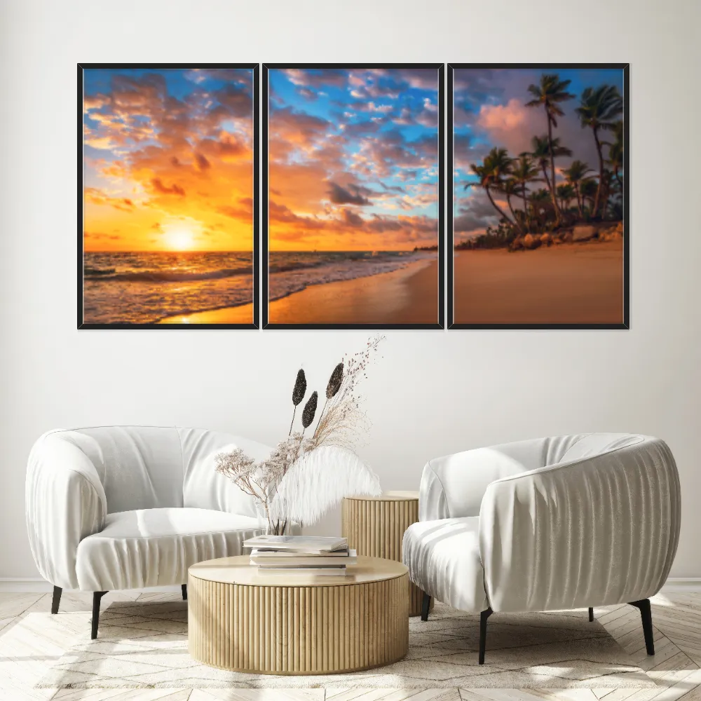 Kit Quadros Decorativos Coqueiro Pôr Do Sol