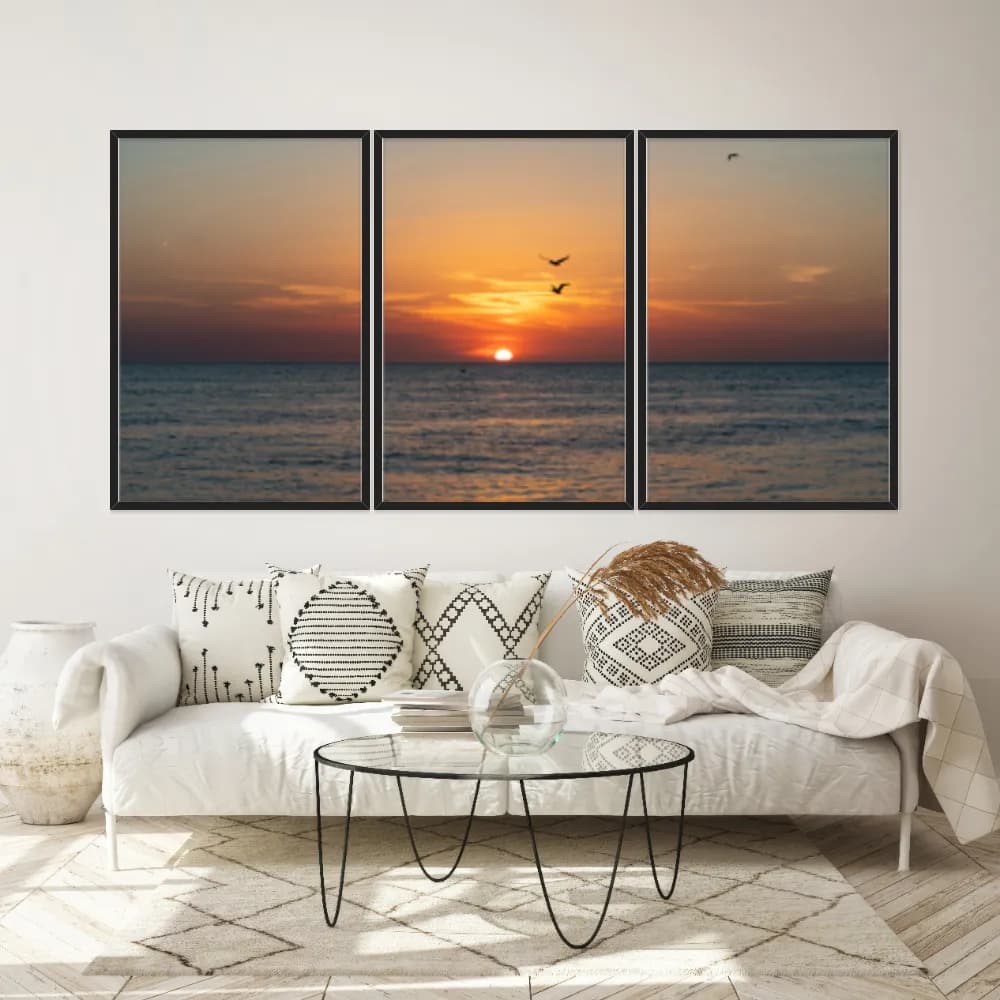 Kit Quadros Decorativos Pássaros Com Pôr Do Sol