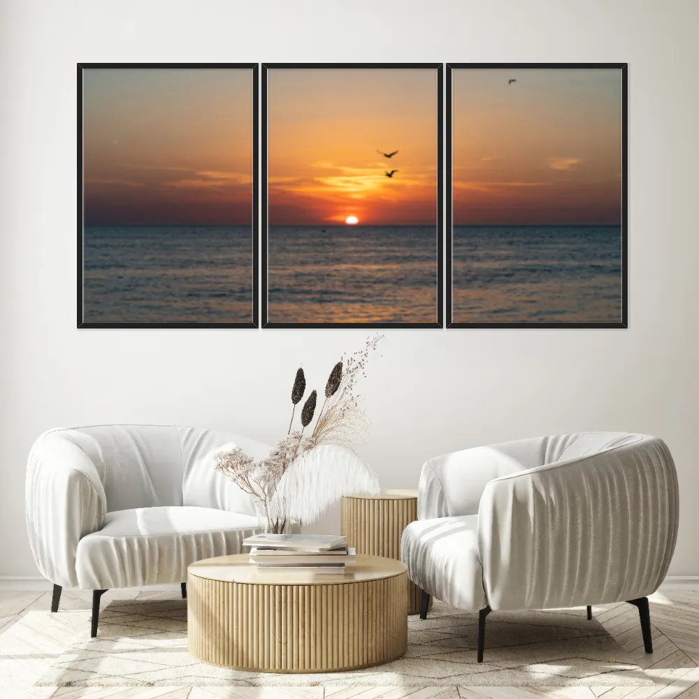 Kit Quadros Decorativos Pássaros Com Pôr Do Sol