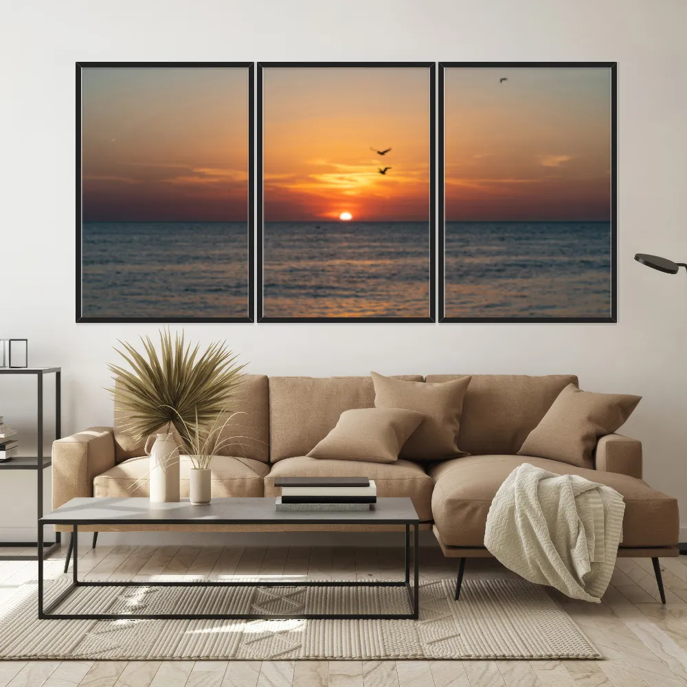 Kit Quadros Decorativos Pássaros Com Pôr Do Sol
