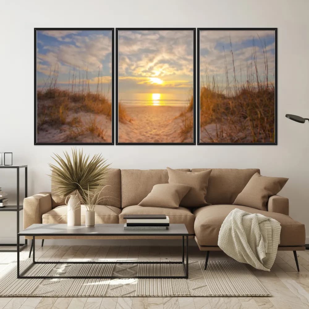 Kit Quadros Decorativos Mar Com Pôr Do Sol