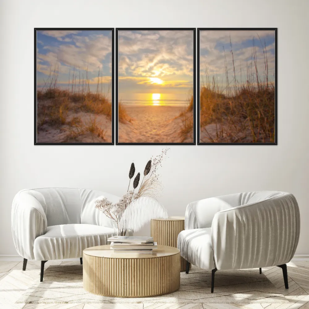 Kit Quadros Decorativos Mar Com Pôr Do Sol