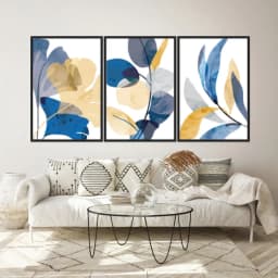 Kit Quadros Decorativos Folhas Amarela E Azul