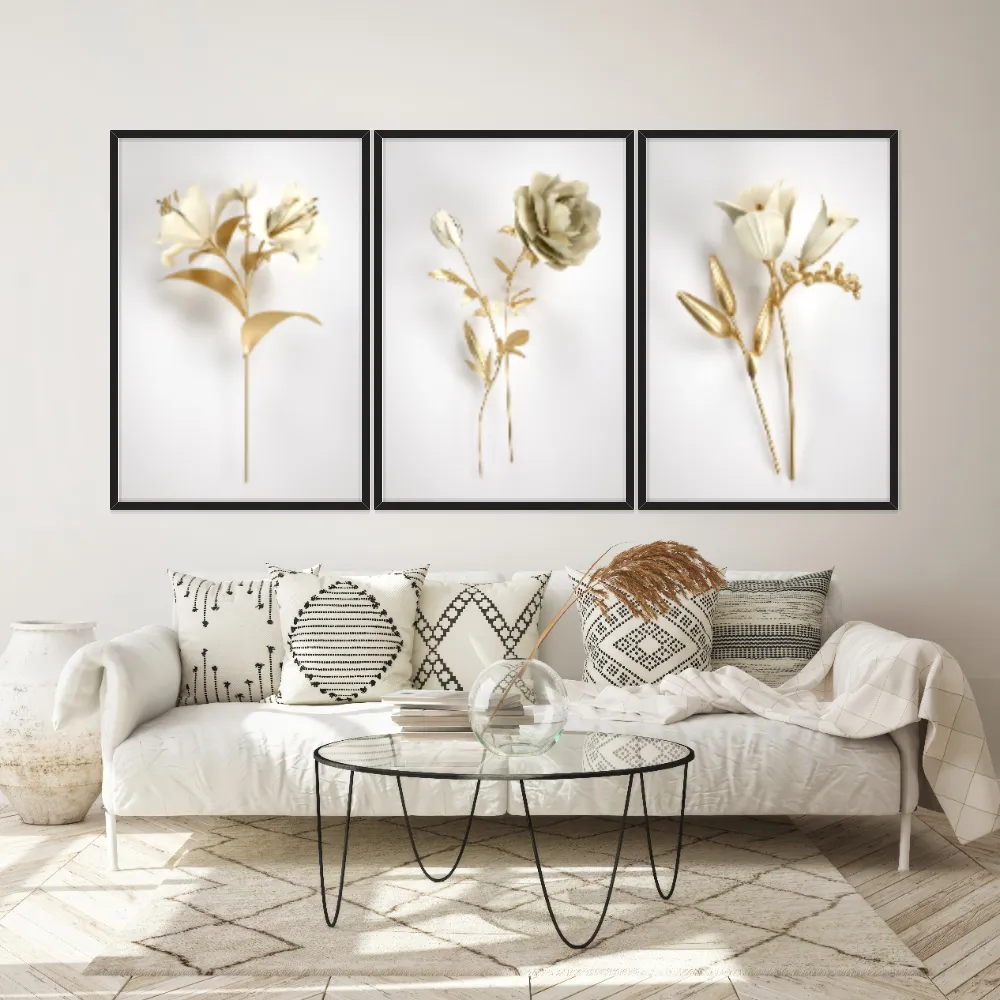 Kit Quadros Decorativos Flor Dourada