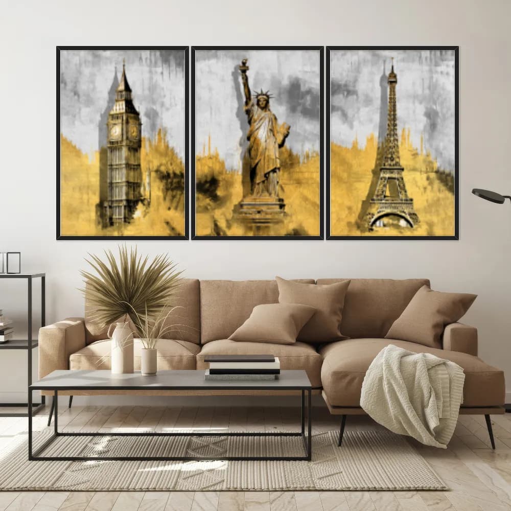 Kit Quadros Decorativos Pintura Dourada Paris Londres E Nova York