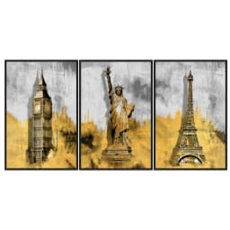 Kit Quadros Decorativos Pintura Dourada Paris Londres E Nova York